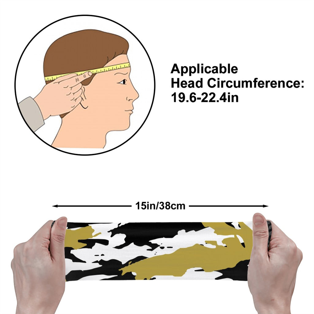 Athletic sports sweatband wide headband for youth and adult football, basketball, baseball, softball, gym workout, printed with black, gold, and white colors. 