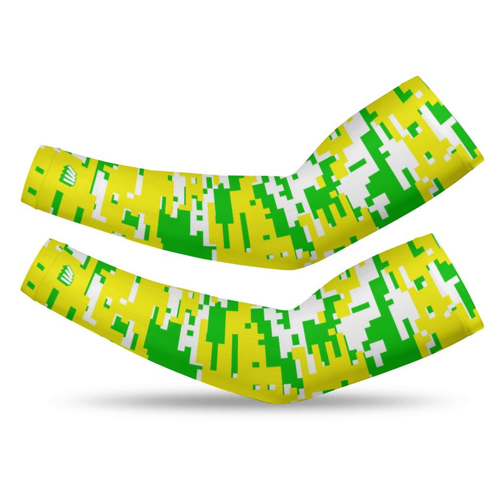Athletic sports compression arm sleeve for youth and adult football, basketball, baseball, and softball printed with digicamo neon yellow, neon green, and white colors. 