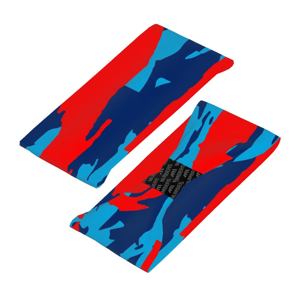 Athletic sports sweatband wide headband for youth and adult football, basketball, baseball, softball, gym workout, printed with navy blue, baby blue, and red colors.