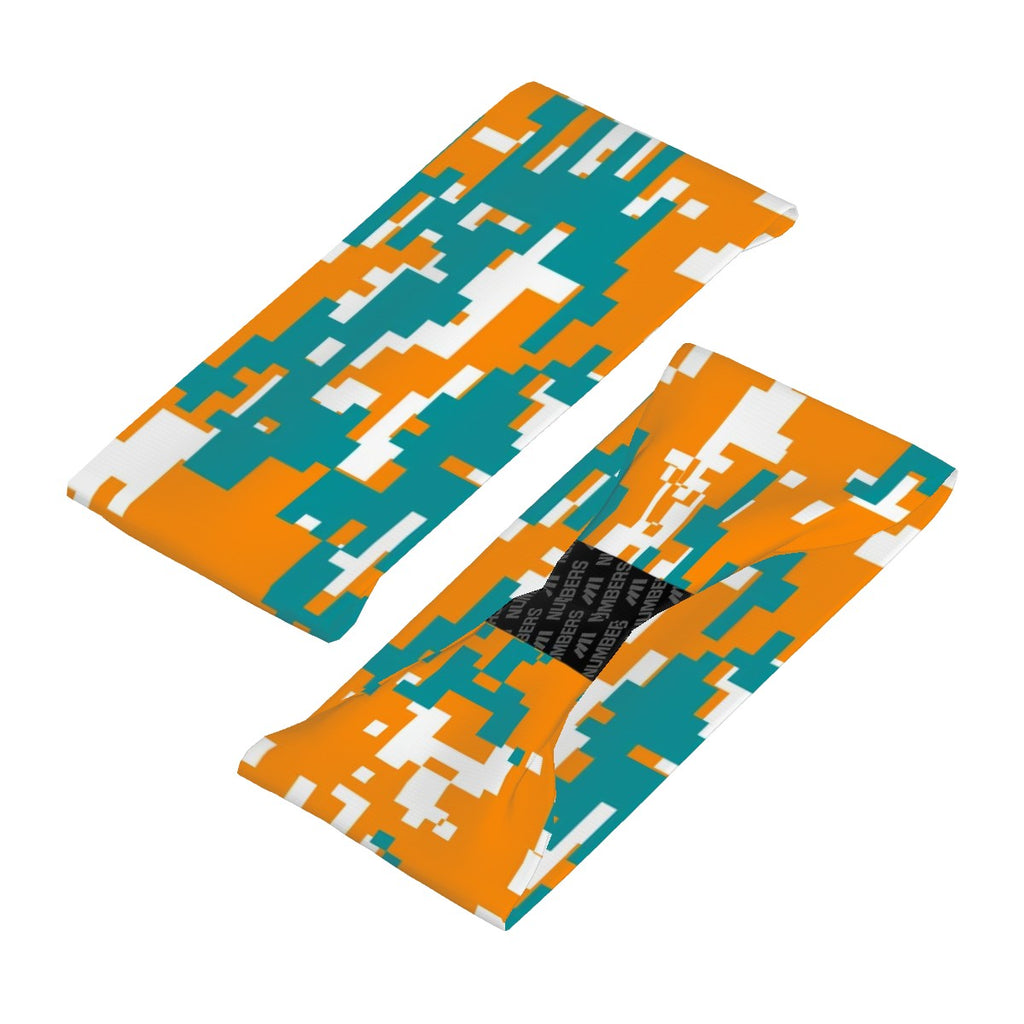 Athletic sports sweatband wide headband for youth and adult football, basketball, baseball, softball, gym workout, printed with aqua, orange, and white colors. 
