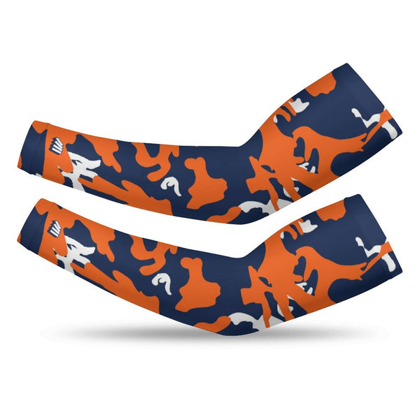 Athletic sports compression arm sleeve for youth and adult football, basketball, baseball, and softball printed with camo navy blue, orange, and white colors. 