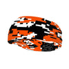 Athletic sports sweatband wide headband for youth and adult football, basketball, baseball, softball, gym workout, printed with orange, black, and white colors. 