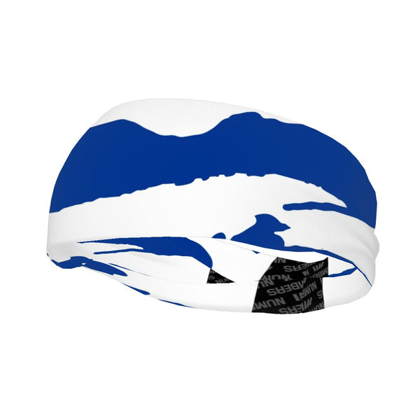 Athletic sports sweatband wide headband for youth and adult football, basketball, baseball, softball, gym workout, printed with royal blue and white colors. 