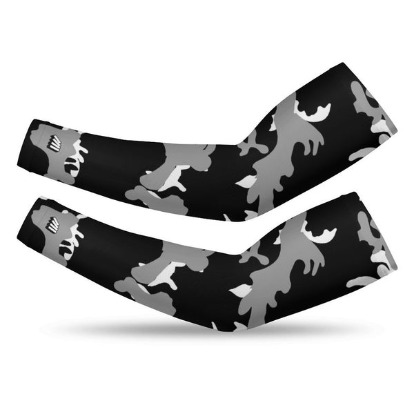 Athletic sports compression arm sleeve for youth and adult football, basketball, baseball, and softball printed with camo black, gray, and white colors.
