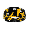 Athletic sports sweatband wide headband for youth and adult football, basketball, baseball, softball, gym workout, printed with black, yellow, and white colors. 