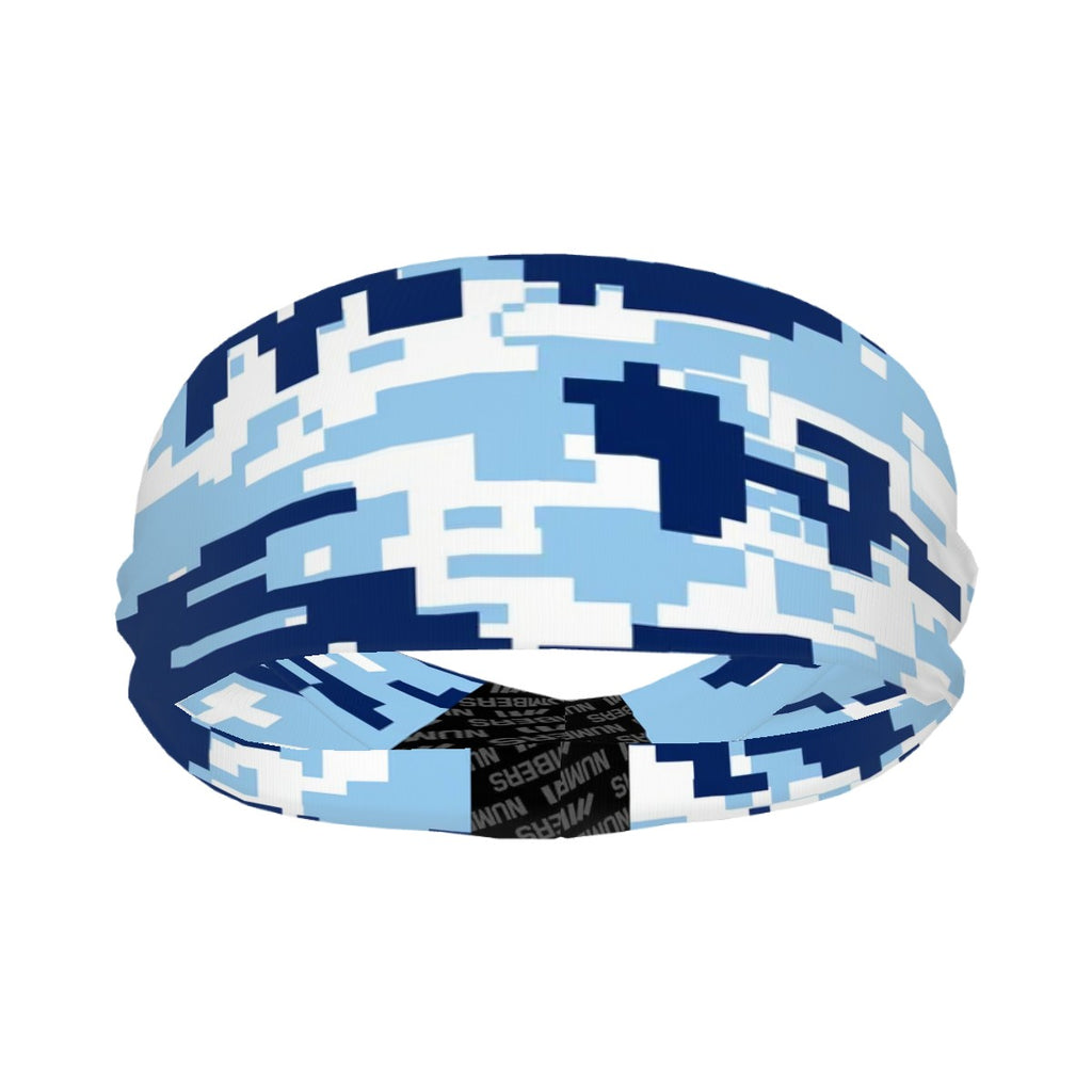 Athletic sports sweatband wide headband for youth and adult football, basketball, baseball, softball, gym workout, printed with navy blue, baby blue, and white colors.