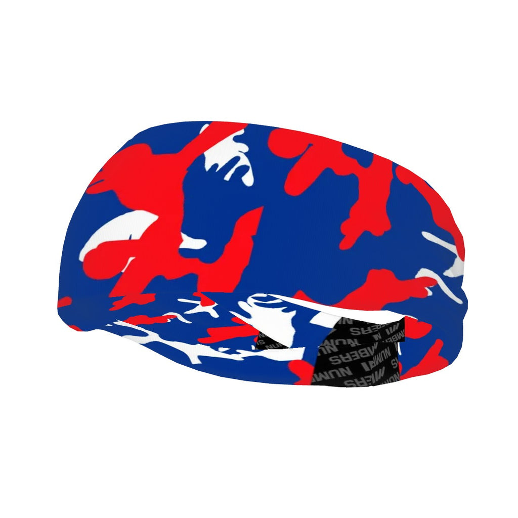 Athletic sports sweatband wide headband for youth and adult football, basketball, baseball, softball, gym workout, printed with royal blue, red, and white colors. 

 
