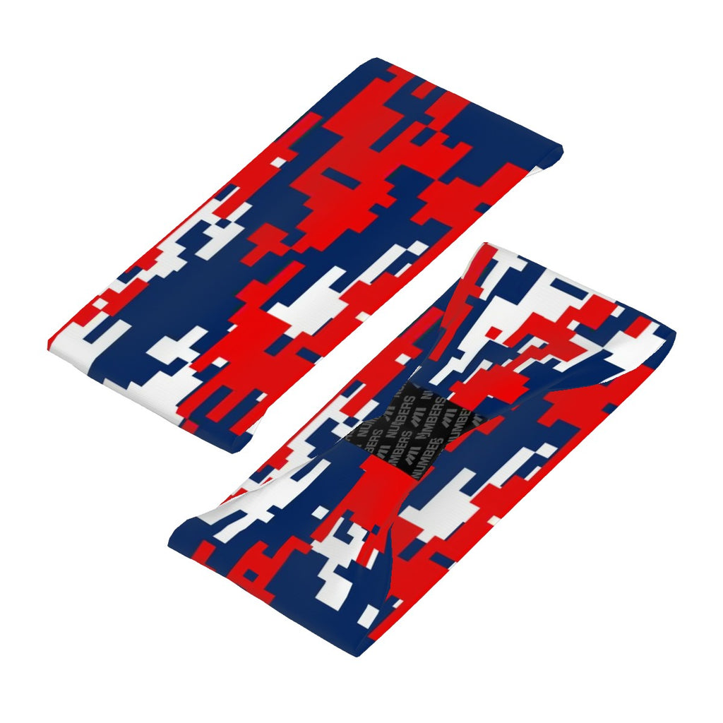 Athletic sports sweatband wide headband for youth and adult football, basketball, baseball, softball, gym workout, printed with navy blue, red, and white colors.