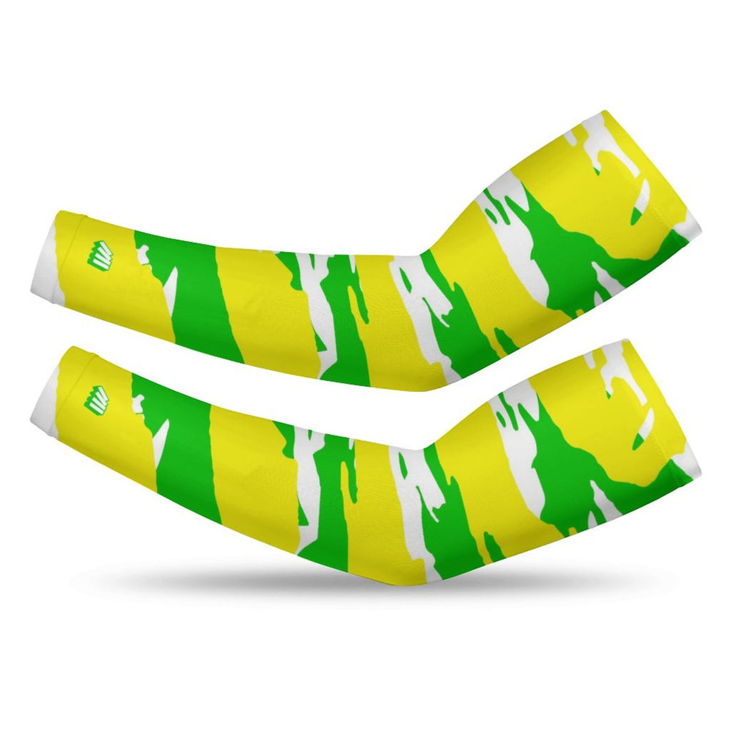 Athletic sports compression arm sleeve for youth and adult football, basketball, baseball, and softball printed with predator neon yellow, neon green, and white colors.    