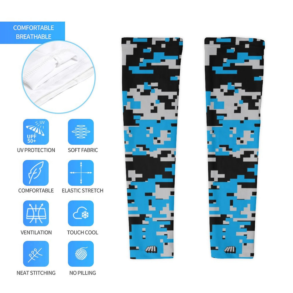 Athletic sports compression arm sleeve for youth and adult football, basketball, baseball, and softball printed with digicamo black, light blue, and gray colors. 