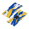 Athletic sports sweatband wide headband for youth and adult football, basketball, baseball, softball, gym workout, printed with blue, yellow, and white colors. 