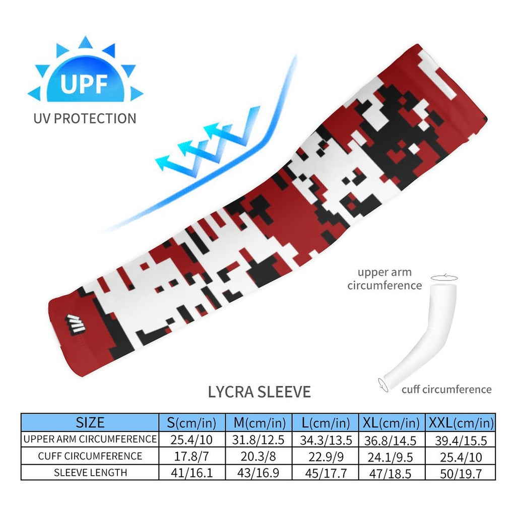 Athletic sports compression arm sleeve for youth and adult football, basketball, baseball, and softball printed with digicamo maroon, white, and black colors.