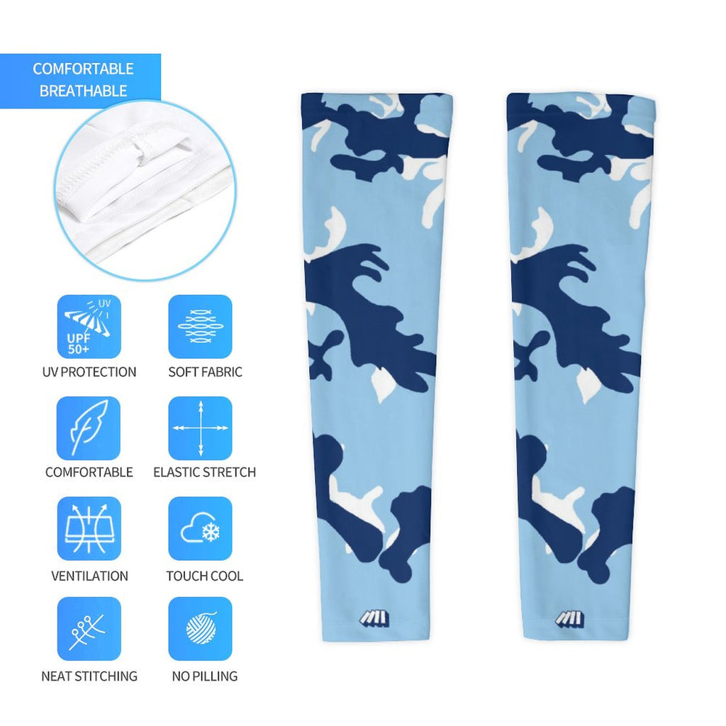 Athletic sports compression arm sleeve for youth and adult football, basketball, baseball, and softball printed with camo baby blue, navy blue, and white colors. 