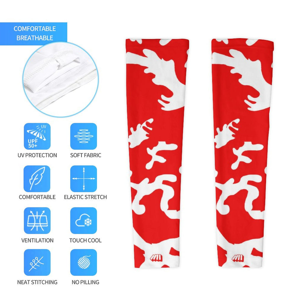 Athletic sports compression arm sleeve for youth and adult football, basketball, baseball, and softball printed with camo red, and white colors. 