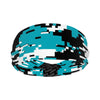Athletic sports sweatband wide headband for youth and adult football, basketball, baseball, softball, gym workout, printed with turquoise, black, and white colors. 