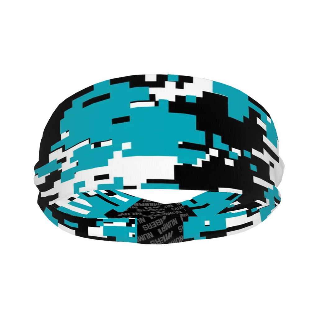 Athletic sports sweatband wide headband for youth and adult football, basketball, baseball, softball, gym workout, printed with turquoise, black, and white colors. 