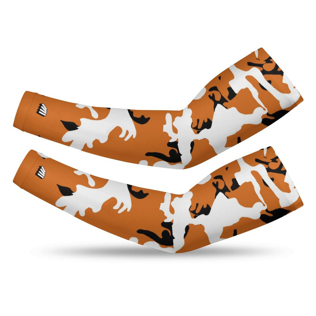 Athletic sports compression arm sleeve for youth and adult football, basketball, baseball, and softball printed with camo burnt orange, white, and black colors. 
