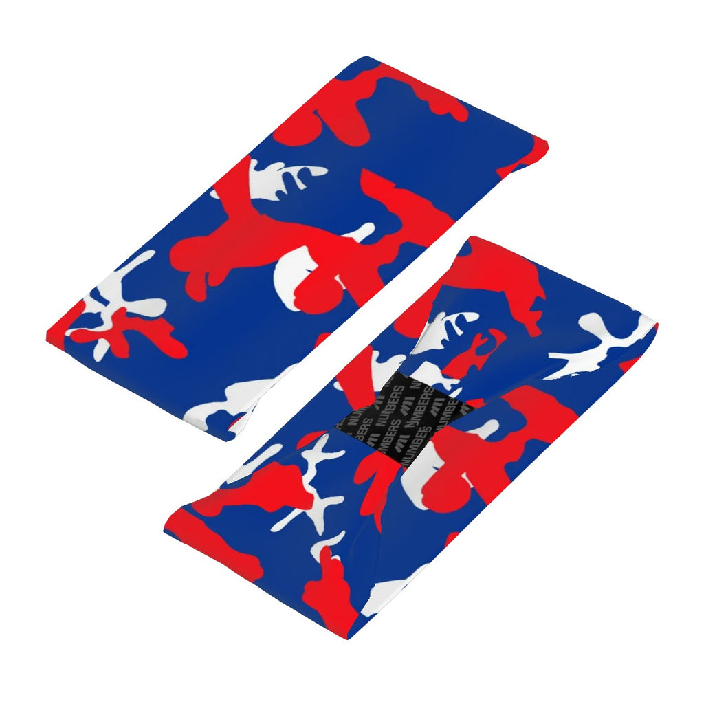 Athletic sports sweatband wide headband for youth and adult football, basketball, baseball, softball, gym workout, printed with royal blue, red, and white colors. 

 