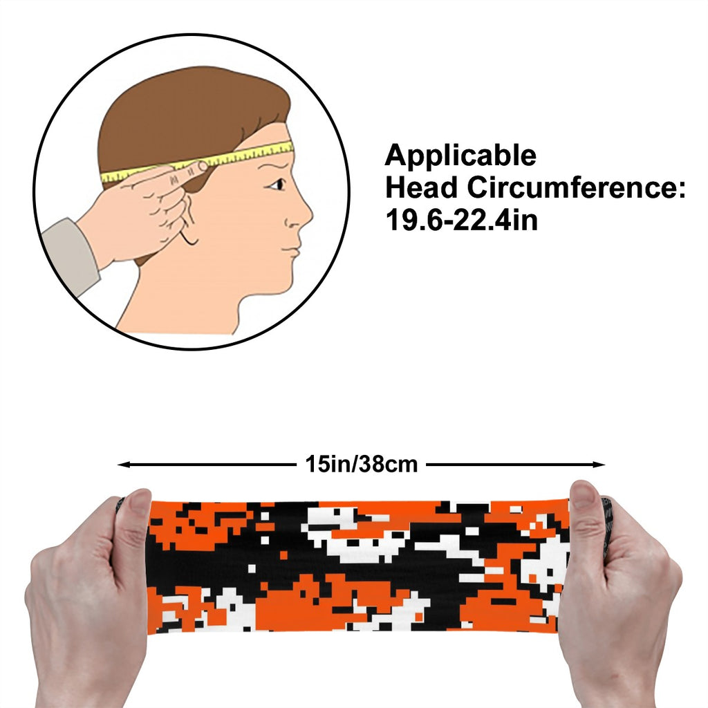 Athletic sports sweatband wide headband for youth and adult football, basketball, baseball, softball, gym workout, printed with orange, black, and white colors. 