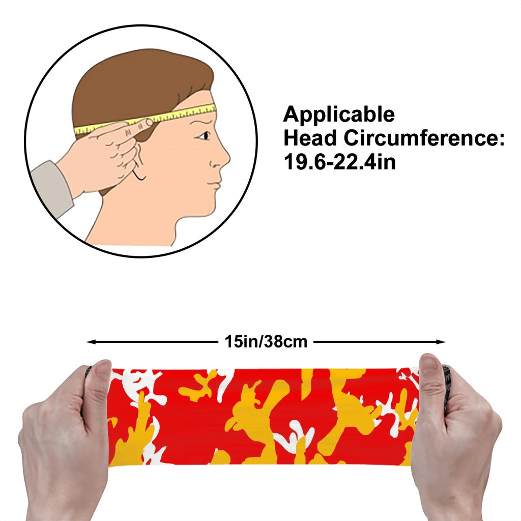 Athletic sports sweatband wide headband for youth and adult football, basketball, baseball, softball, gym workout, printed with red, yellow, and white colors. 
