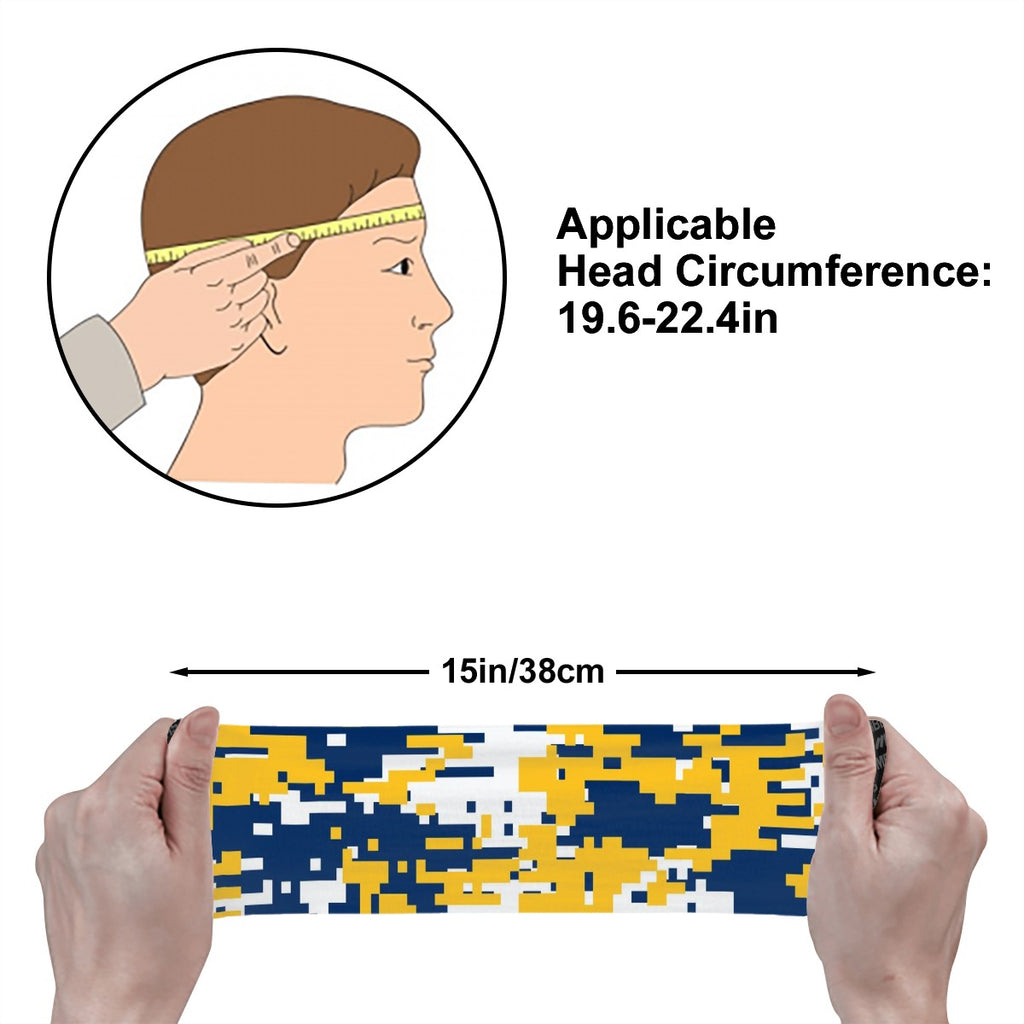 Athletic sports sweatband wide headband for youth and adult football, basketball, baseball, softball, gym workout, printed with navy blue, yellow, and white colors. 