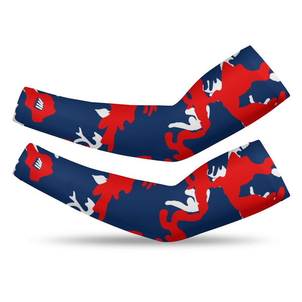 Athletic sports compression arm sleeve for youth and adult football, basketball, baseball, and softball printed with camo navy blue, red, and white colors. 