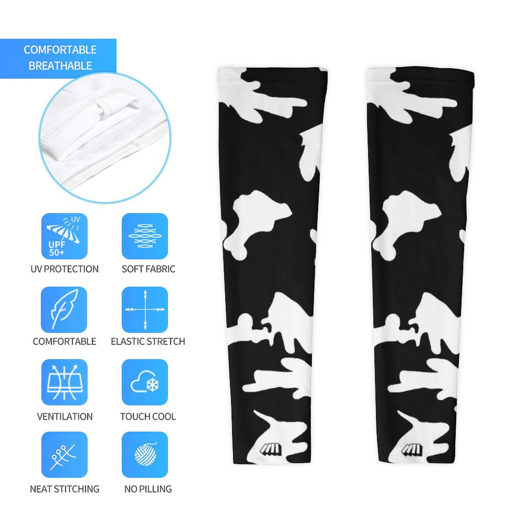 Athletic sports compression arm sleeve for youth and adult football, basketball, baseball, and softball printed with camo black and white colors.  
