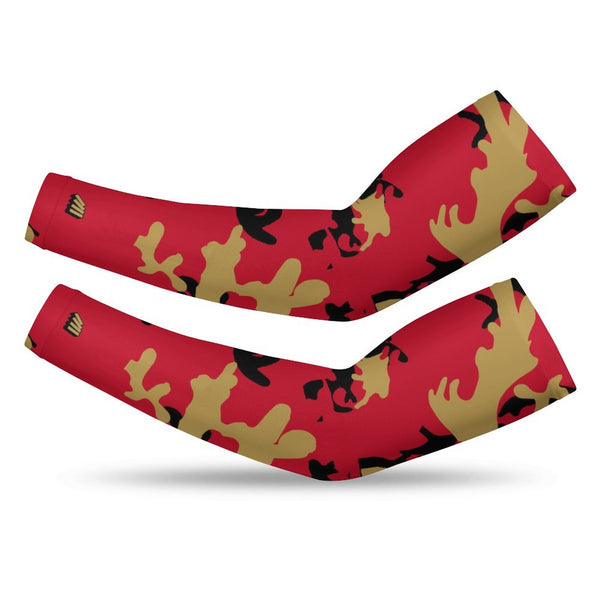 Athletic sports compression arm sleeve for youth and adult football, basketball, baseball, and softball printed with camo red, gold, and black.