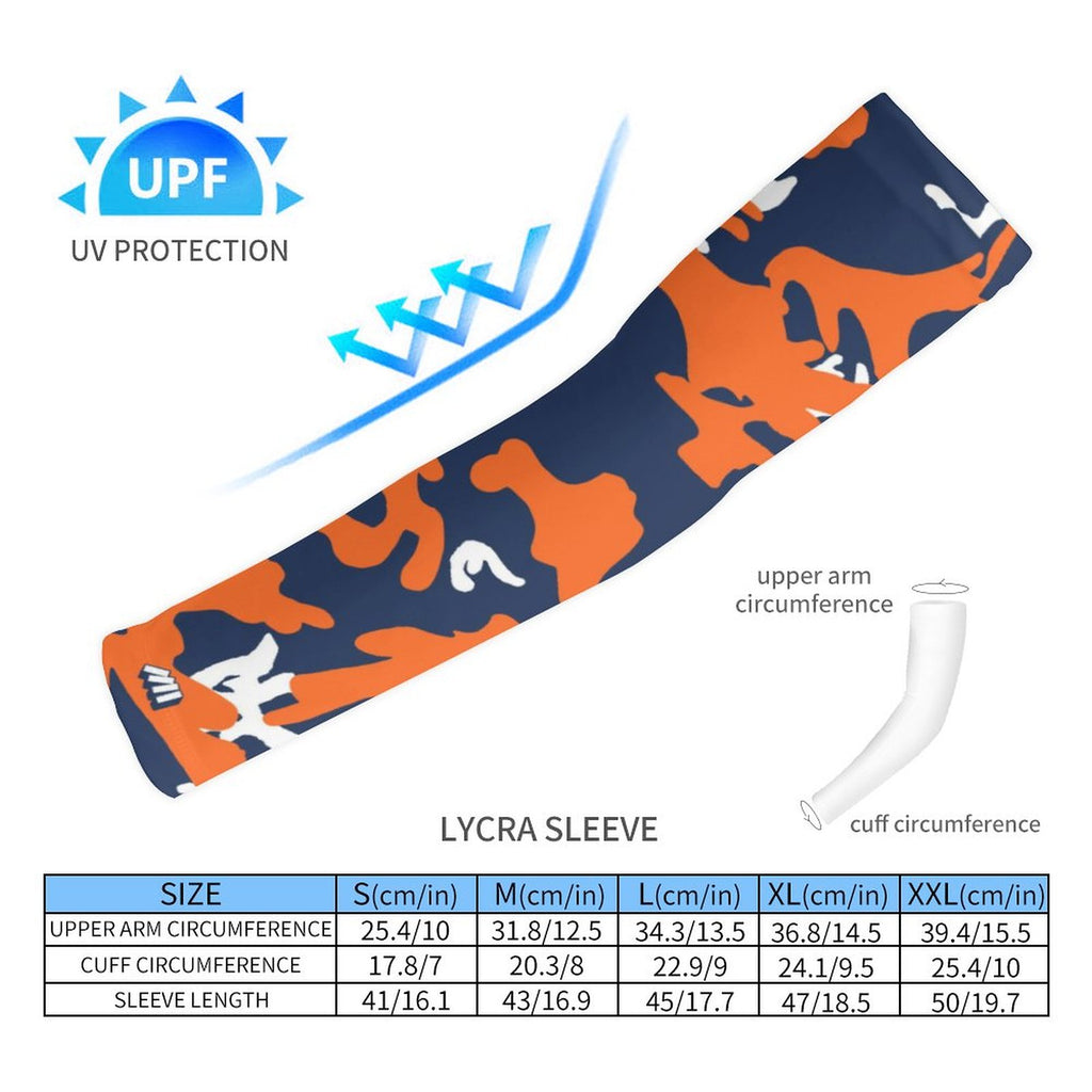 Athletic sports compression arm sleeve for youth and adult football, basketball, baseball, and softball printed with camo navy blue, orange, and white colors. 