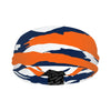 Athletic sports sweatband wide headband for youth and adult football, basketball, baseball, softball, gym workout, printed with navy blue, orange, and white colors. 