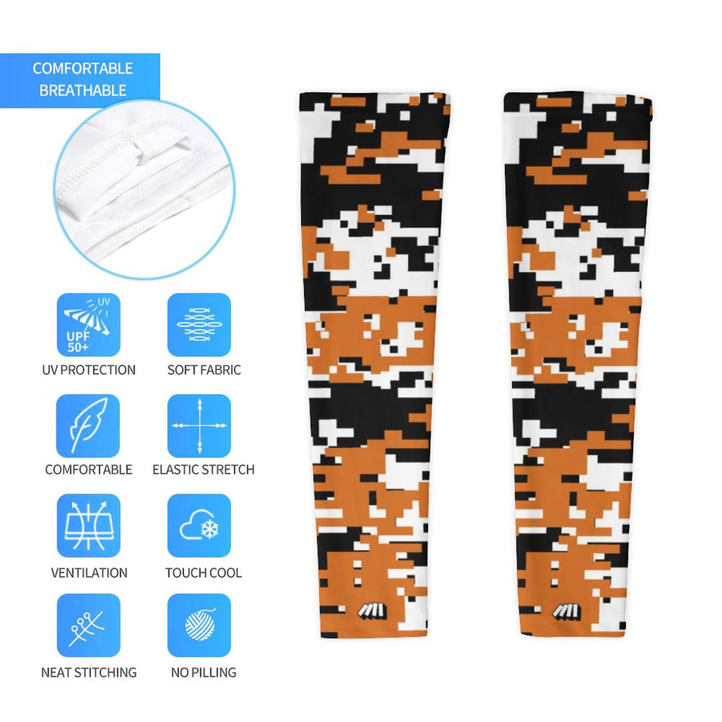 Athletic sports compression arm sleeve for youth and adult football, basketball, baseball, and softball printed with digicamo burnt orange, black, and white colors. 