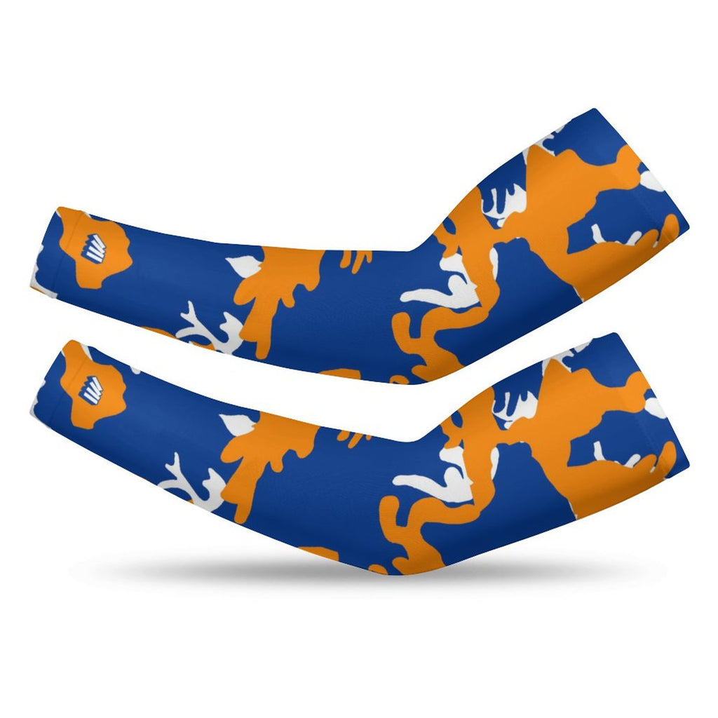 Athletic sports compression arm sleeve for youth and adult football, basketball, baseball, and softball printed with camo royal blue, orange, and white colors. 