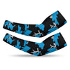 Athletic sports compression arm sleeve for youth and adult football, basketball, baseball, and softball printed with camo black, light blue, and gray colors. 