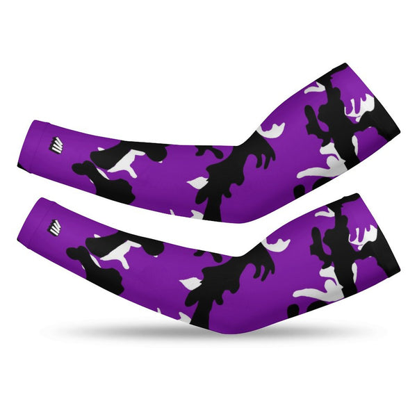 Athletic sports compression arm sleeve for youth and adult football, basketball, baseball, and softball printed with camo purple, white, and black colors.  
