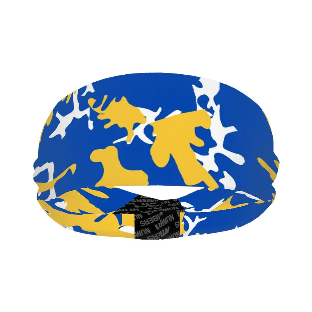 Athletic sports sweatband wide headband for youth and adult football, basketball, baseball, softball, gym workout, printed with blue, yellow, and white colors. 
