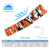 Athletic sports compression arm sleeve for youth and adult football, basketball, baseball, and softball printed with digicamo black, orange, and white colors. 