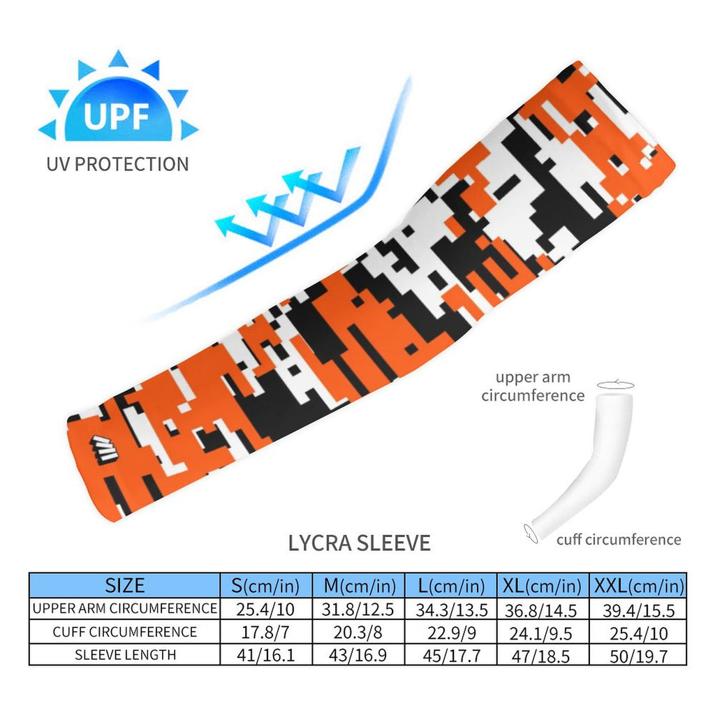 Athletic sports compression arm sleeve for youth and adult football, basketball, baseball, and softball printed with digicamo black, orange, and white colors. 