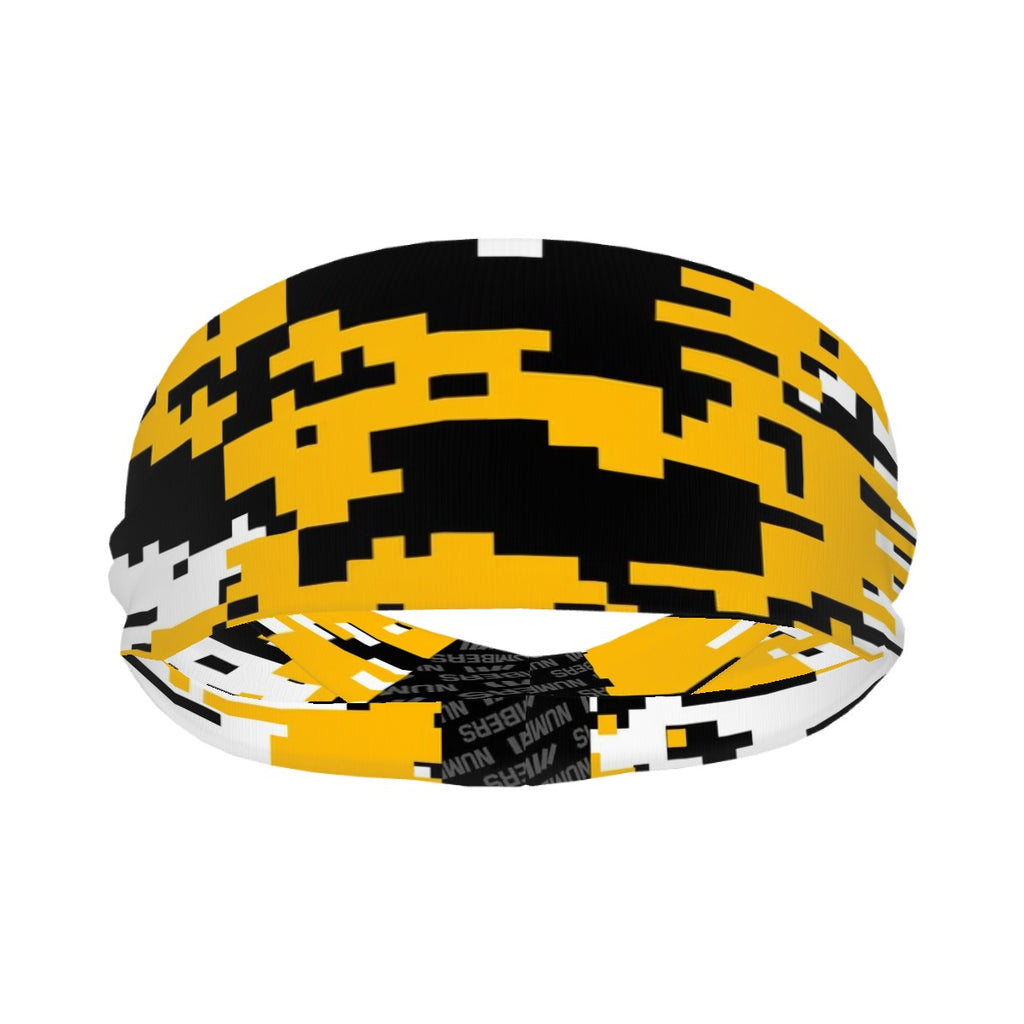 Athletic sports sweatband wide headband for youth and adult football, basketball, baseball, softball, gym workout, printed with black, yellow, and white colors. 