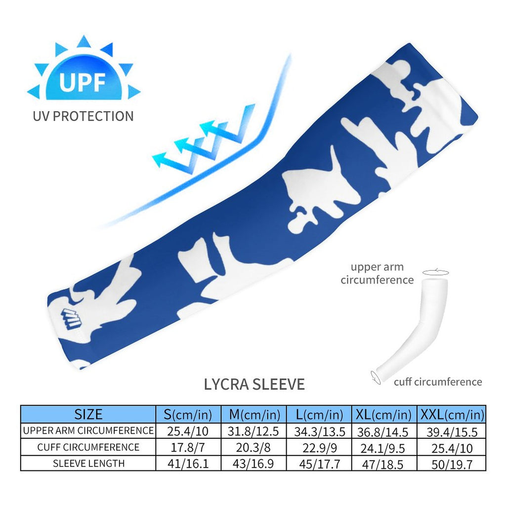 Athletic sports compression arm sleeve for youth and adult football, basketball, baseball, and softball printed with camo blue and white colors.