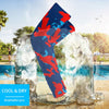 Athletic sports compression arm sleeve for youth and adult football, basketball, baseball, and softball printed with camo blue, light blue, and red colors. 