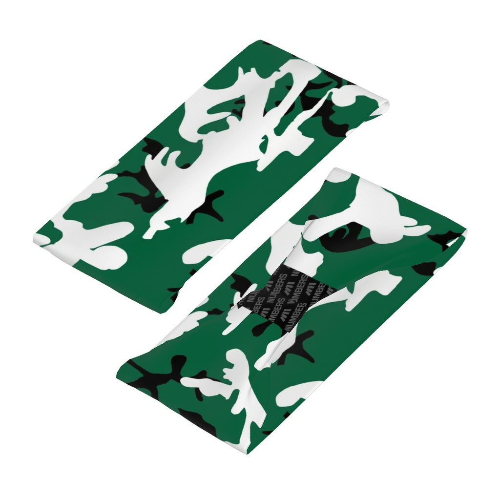 Athletic sports sweatband wide headband for youth and adult football, basketball, baseball, softball, gym workout, printed with green, white, and black colors. 