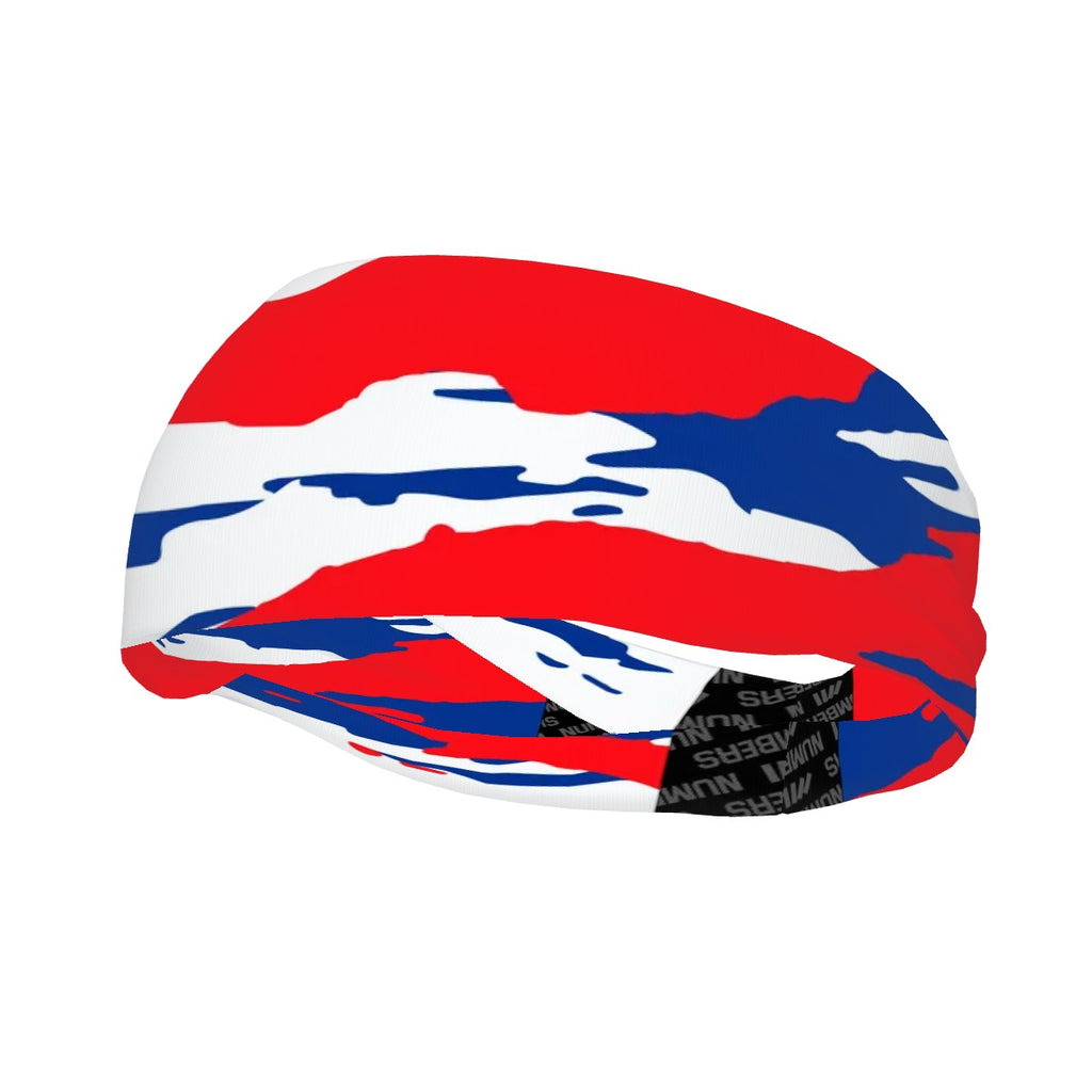 Athletic sports sweatband wide headband for youth and adult football, basketball, baseball, softball, gym workout, printed with red, white, and blue colors. 