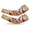 Athletic sports compression arm sleeve for youth and adult football, basketball, baseball, and softball printed with digicamo maroon, gold, and white colors. 