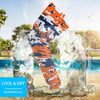Athletic sports compression arm sleeve for youth and adult football, basketball, baseball, and softball printed with digicamo navy blue, orange, and white colors.  


