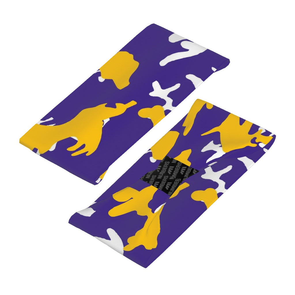 Athletic sports sweatband wide headband for youth and adult football, basketball, baseball, softball, gym workout, printed with purple, yellow, and white colors. 