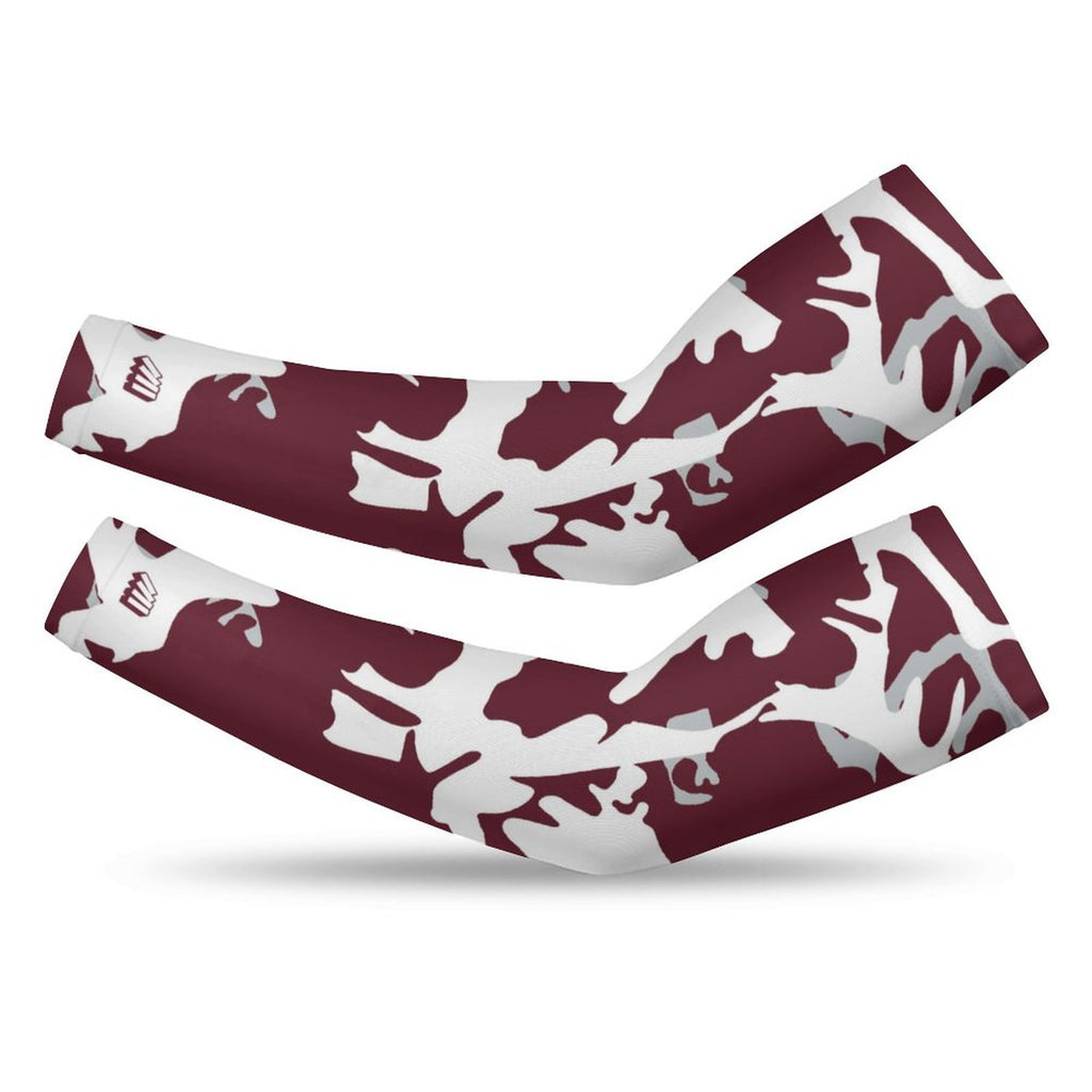 Athletic sports compression arm sleeve for youth and adult football, basketball, baseball, and softball printed with camo maroon, white, and gray colors. 