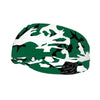 Athletic sports sweatband wide headband for youth and adult football, basketball, baseball, softball, gym workout, printed with green, white, and black colors. 
