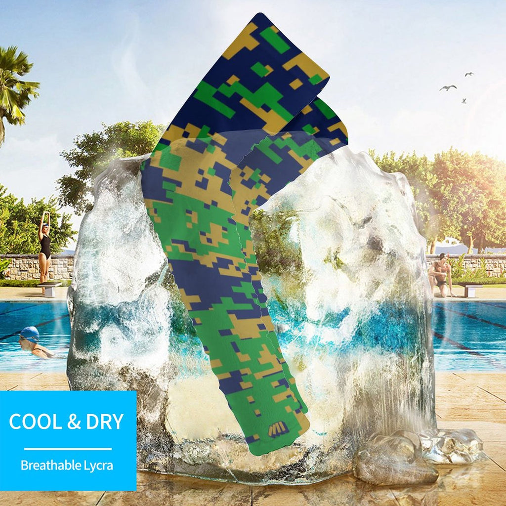 Athletic sports compression arm sleeve for youth and adult football, basketball, baseball, and softball printed with digicamo navy blue, gold, and green colors. 