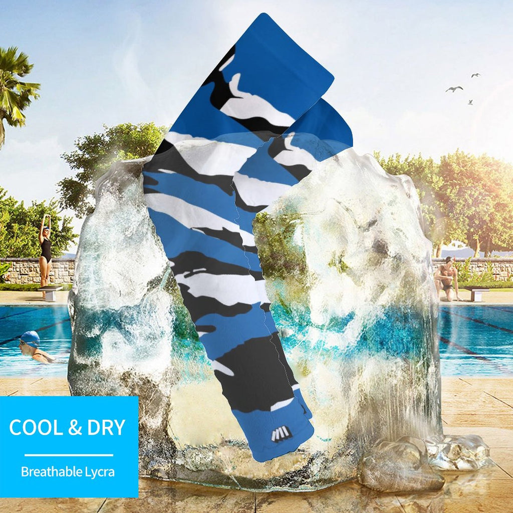 Athletic sports compression arm sleeve for youth and adult football, basketball, baseball, and softball printed with predator blue, white, and black colors. 