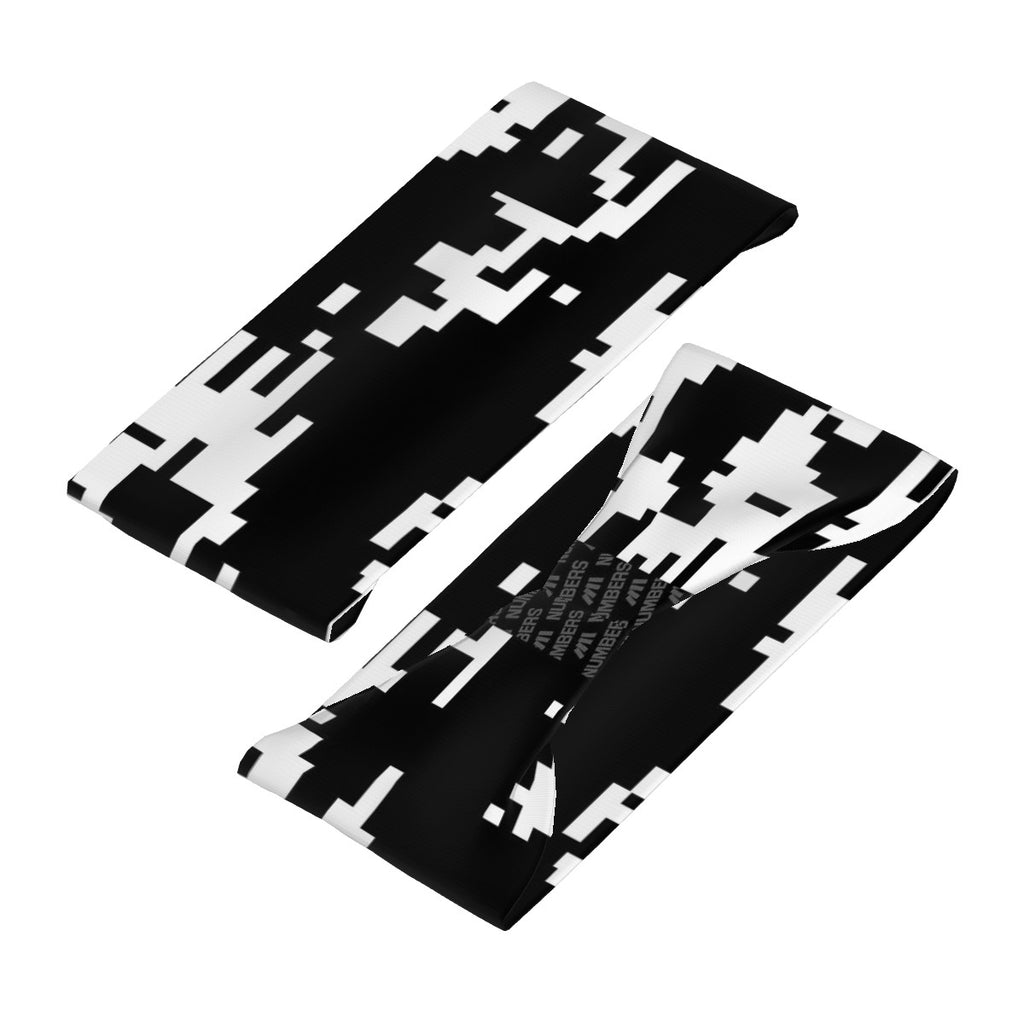 Athletic sports sweatband wide headband for youth and adult football, basketball, baseball, softball, gym workout, printed with black, and white colors. 
